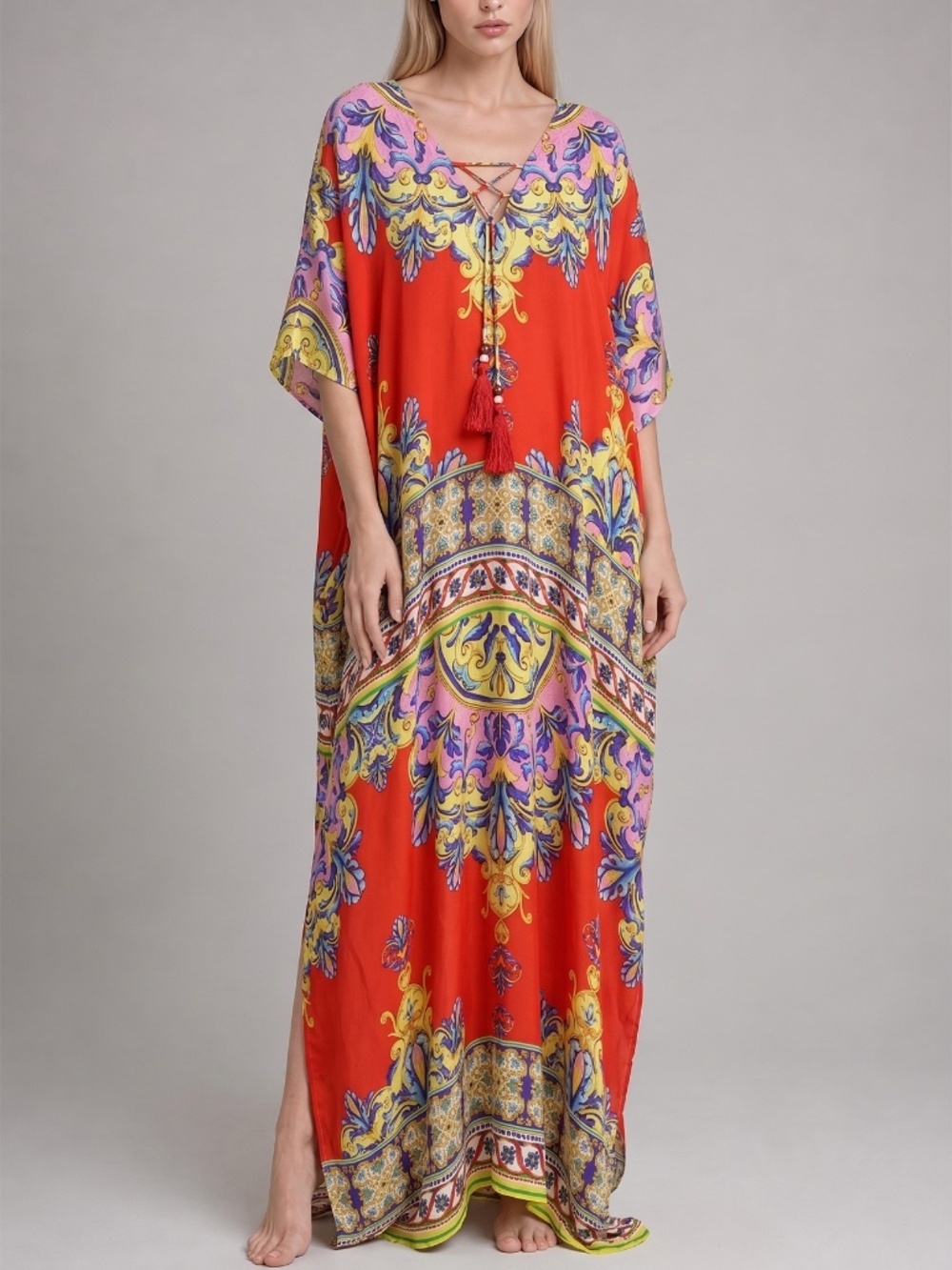 Shahida Parides Orange Baroque Print Kaftan Caftan Maxi Resort Dress